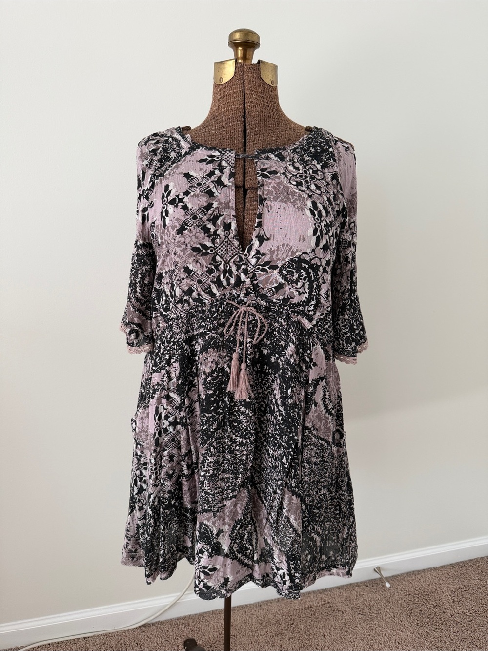 Free People Lavender and Black Printed Tie-Waist Long Sleeve Dress